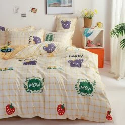 Home Decor Bedding Sets Mow The Bear Cream Checked Bedding Set