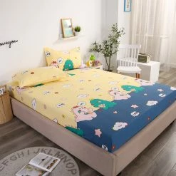 Home Decor Kawaiies Couple Loving Dino Cotton Fitted Sheet Bed Sheets