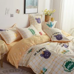 Home Decor Bedding Sets Mow The Bear Cream Checked Bedding Set