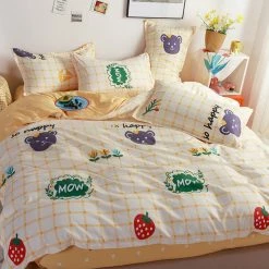 Home Decor Bedding Sets Mow The Bear Cream Checked Bedding Set