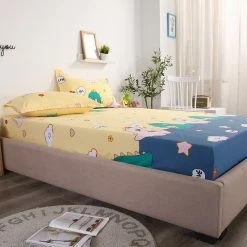Home Decor Kawaiies Couple Loving Dino Cotton Fitted Sheet Bed Sheets