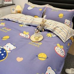 Home Decor Strawberry White Bear Space Purple Ube Bedding Set Bedding Sets