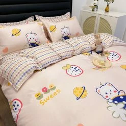 Home Decor Strawberry White Bear Space Cream Bedding Set Bedding Sets