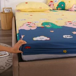 Home Decor Kawaiies Couple Loving Dino Cotton Fitted Sheet Bed Sheets