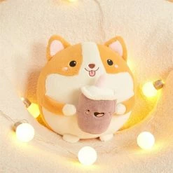 Soft Toy Fluffy Round Chubby Corgi Bubble Tea Plushie | NEW