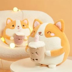 Soft Toy Fluffy Round Chubby Corgi Bubble Tea Plushie | NEW