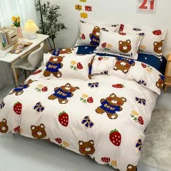Home Decor Bear And Strawberry White Navy Bedding Set