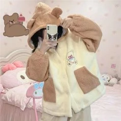 Apparel Bear Fluffy Two-Tone Hooded Jacket