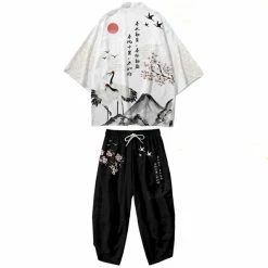 Apparel Black Japanese Crane Mens Two-Piece Kimono Yukata Top & Pants Sets