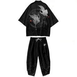 Apparel Black Japanese Crane Mens Two-Piece Kimono Yukata Top & Pants Sets