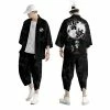 Apparel Black Japanese Crane Mens Two-Piece Kimono Yukata Top & Pants Sets