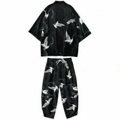 Apparel Black Japanese Crane Mens Two-Piece Kimono Yukata Top & Pants Sets