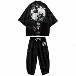 Apparel Black Japanese Crane Mens Two-Piece Kimono Yukata Top & Pants Sets