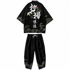 Apparel Black Japanese Crane Mens Two-Piece Kimono Yukata Top & Pants Sets