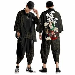 Apparel Black Japanese Female Fighter Mens Two-Piece Kimono Yukata Top & Pants Sets