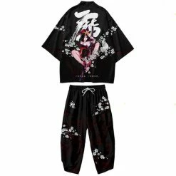 Apparel Black Japanese Female Fighter Mens Two-Piece Kimono Yukata Top & Pants Sets