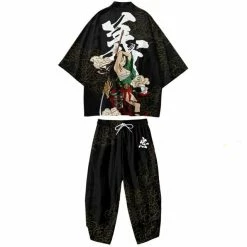 Apparel Black Japanese Female Fighter Mens Two-Piece Kimono Yukata Top & Pants Sets