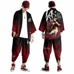 Apparel Black Japanese Female Fighter Mens Two-Piece Kimono Yukata Top & Pants Sets