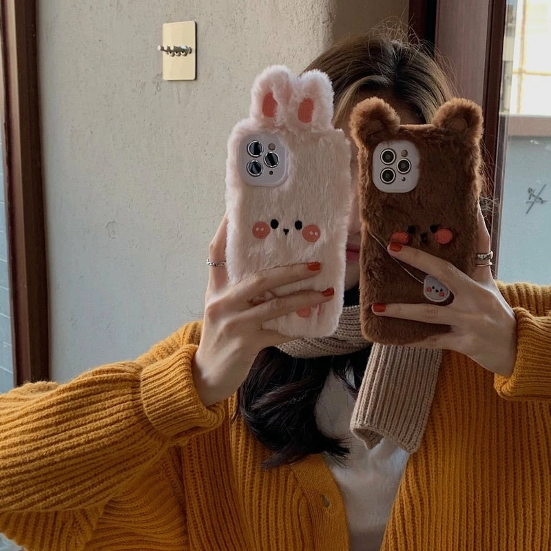 Accessories Brown Bear & Pink Rabbit Friends Plush IPhone Case 14 Accessories Brown Bear & Pink Rabbit Friends Plush IPhone Case