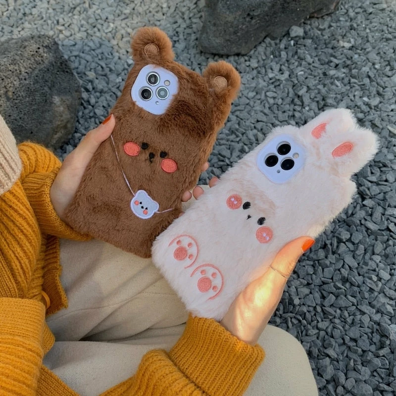 Accessories Brown Bear & Pink Rabbit Friends Plush IPhone Case 11 Accessories Brown Bear & Pink Rabbit Friends Plush IPhone Case