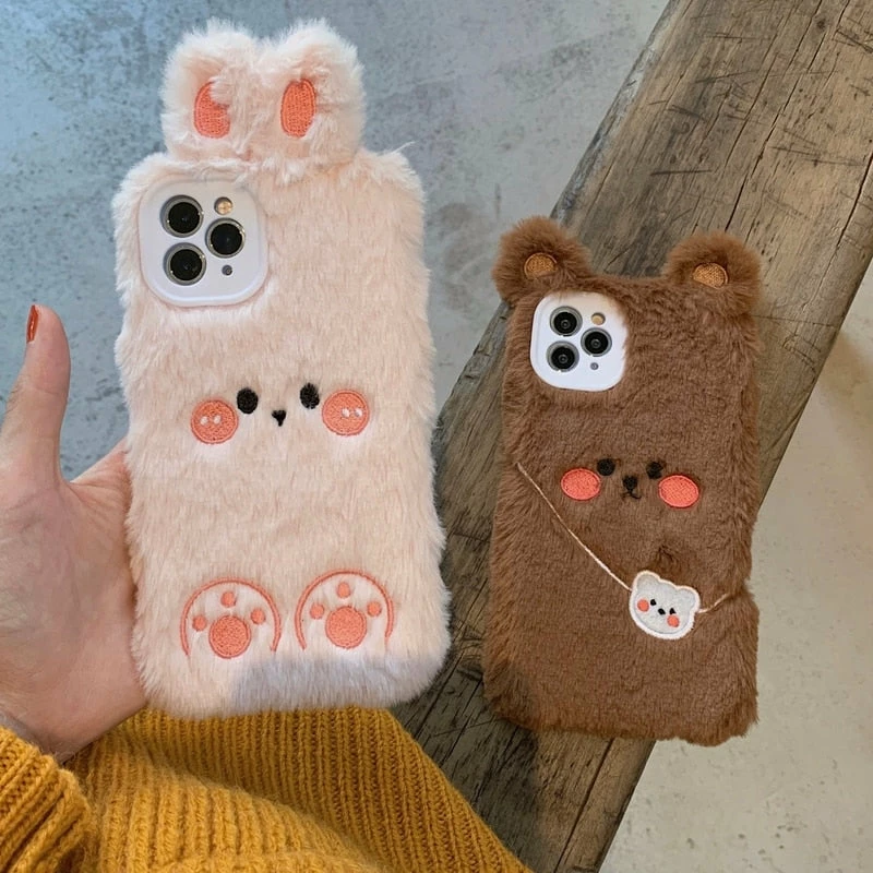 Accessories Brown Bear & Pink Rabbit Friends Plush IPhone Case 13 Accessories Brown Bear & Pink Rabbit Friends Plush IPhone Case