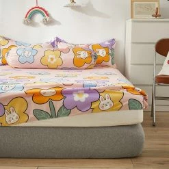 Home Decor Cartoon Flowers & Bunnies Fitted Bedsheet