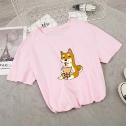 Apparel Food & Drinks Cartoon Shiba Inu Drinking Bubble Tea Women's Part Cotton Tee