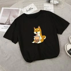 Apparel Food & Drinks Cartoon Shiba Inu Drinking Bubble Tea Women's Part Cotton Tee