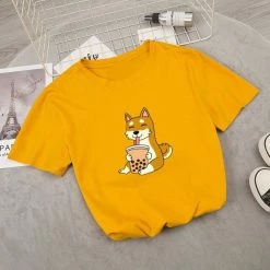 Apparel Food & Drinks Cartoon Shiba Inu Drinking Bubble Tea Women's Part Cotton Tee
