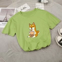 Apparel Food & Drinks Cartoon Shiba Inu Drinking Bubble Tea Women's Part Cotton Tee