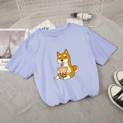 Apparel Food & Drinks Cartoon Shiba Inu Drinking Bubble Tea Women's Part Cotton Tee