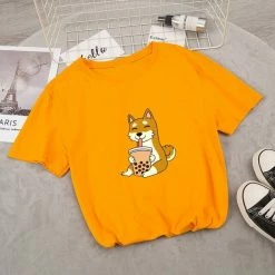 Apparel Food & Drinks Cartoon Shiba Inu Drinking Bubble Tea Women's Part Cotton Tee