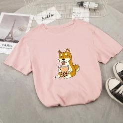 Apparel Food & Drinks Cartoon Shiba Inu Drinking Bubble Tea Women's Part Cotton Tee