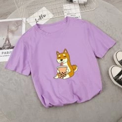 Apparel Food & Drinks Cartoon Shiba Inu Drinking Bubble Tea Women's Part Cotton Tee