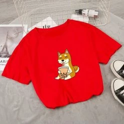 Apparel Food & Drinks Cartoon Shiba Inu Drinking Bubble Tea Women's Part Cotton Tee
