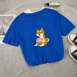 Apparel Food & Drinks Cartoon Shiba Inu Drinking Bubble Tea Women's Part Cotton Tee