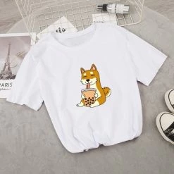 Apparel Food & Drinks Cartoon Shiba Inu Drinking Bubble Tea Women's Part Cotton Tee