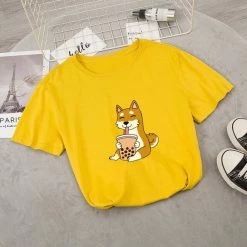 Apparel Food & Drinks Cartoon Shiba Inu Drinking Bubble Tea Women's Part Cotton Tee