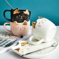 Home Decor Home & Pets Ceramic Kawaii Cat Mugs And Saucer Set