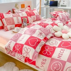 Home Decor Checked Pastel Pink Red Smile Bow Bear Bedding Set
