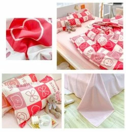 Home Decor Checked Pastel Pink Red Smile Bow Bear Bedding Set