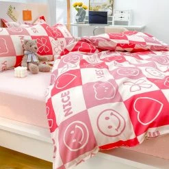 Home Decor Checked Pastel Pink Red Smile Bow Bear Bedding Set