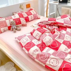 Home Decor Checked Pastel Pink Red Smile Bow Bear Bedding Set