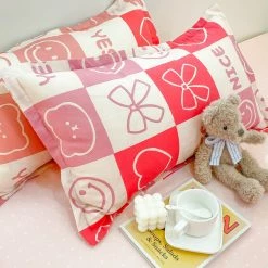 Home Decor Checked Pastel Pink Red Smile Bow Bear Bedding Set