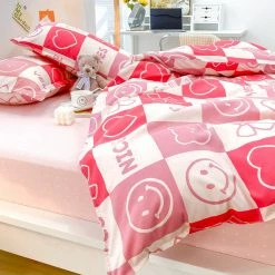 Home Decor Checked Pastel Pink Red Smile Bow Bear Bedding Set
