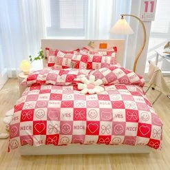 Home Decor Checked Pastel Pink Red Smile Bow Bear Bedding Set