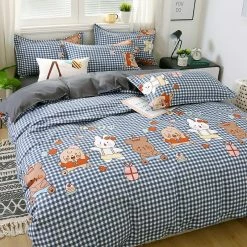 Home Decor Checkered Blue And Bears On Grey Bedding Set Home & Pets