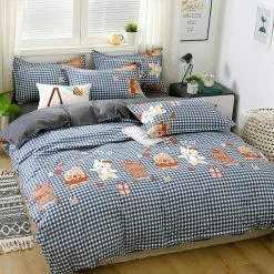 Home Decor Checkered Blue And Bears On Grey Bedding Set Home & Pets