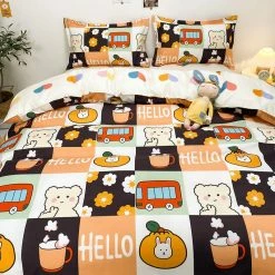 Home Decor Checkered Illustrated Bear Bedding Set