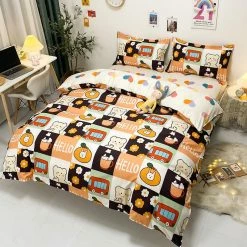 Home Decor Checkered Illustrated Bear Bedding Set